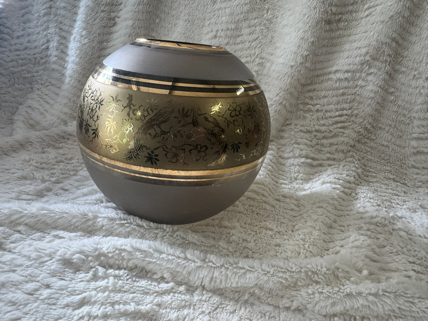 Vintage Bohemia Crystal Round Gold Vase – Etched Pheasants – Czechoslovakia