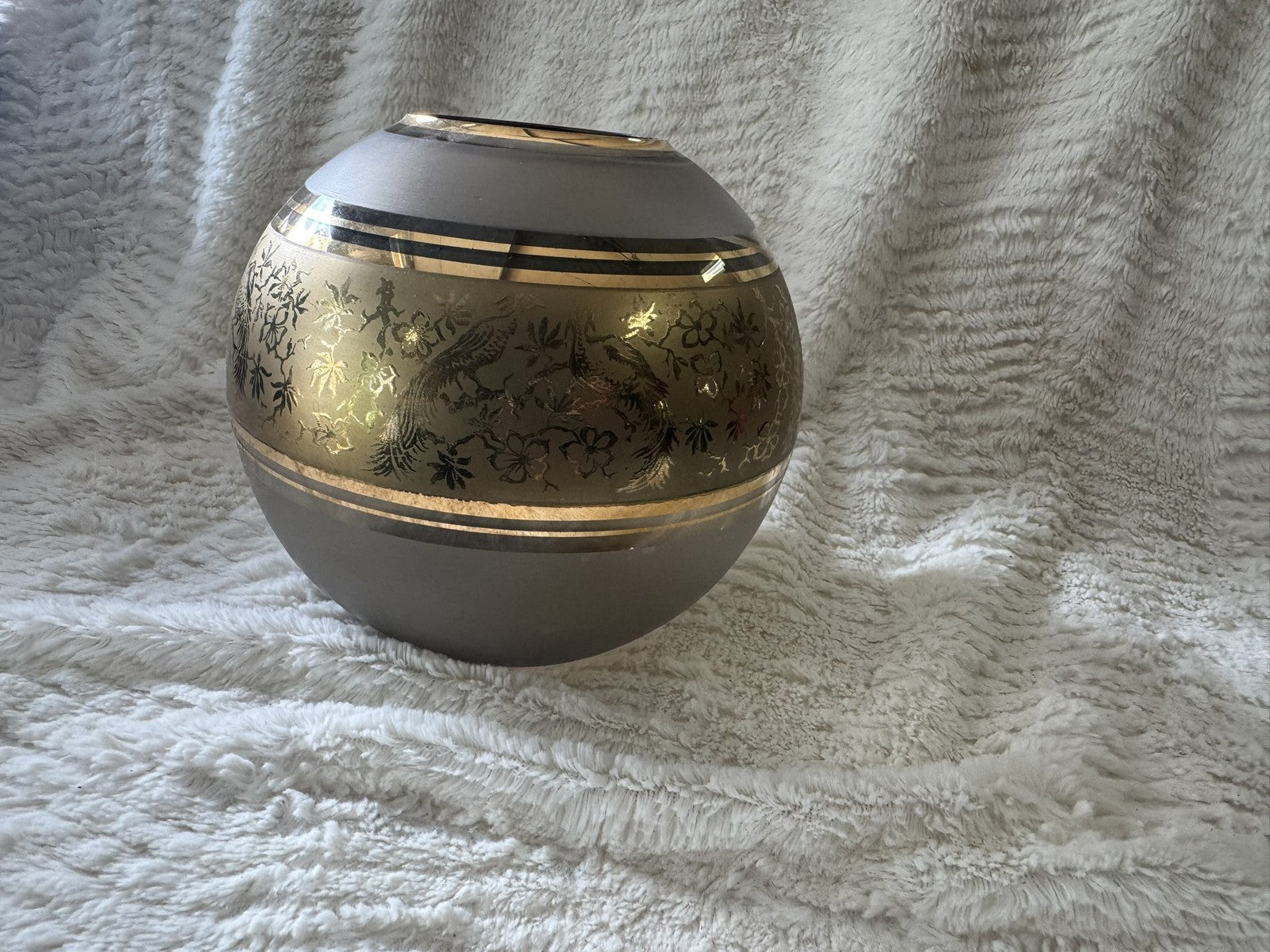 Vintage Bohemia Crystal Round Gold Vase – Etched Pheasants – Czechoslovakia