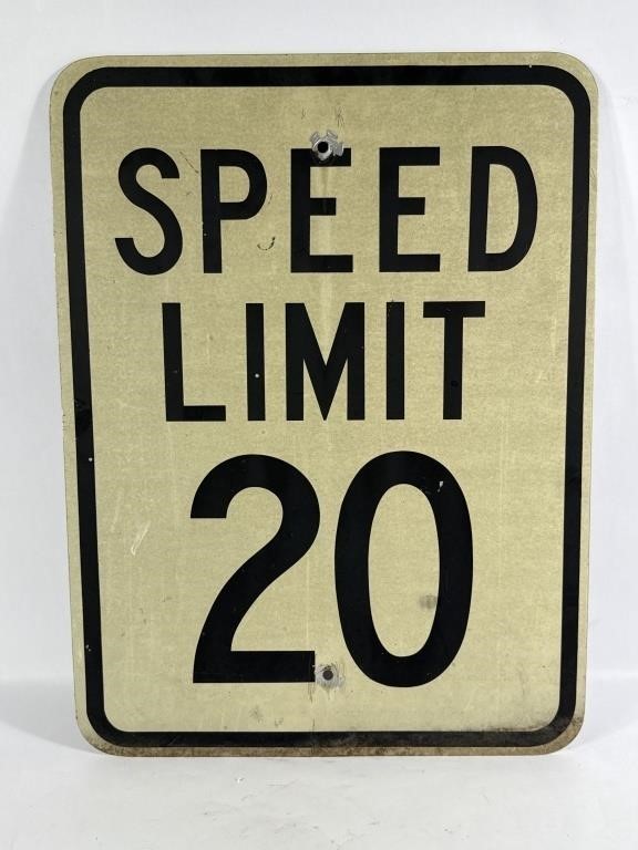Vintage “Speed Limit 20 MPH” Original Metal Highway Road Sign – 24” x 18”