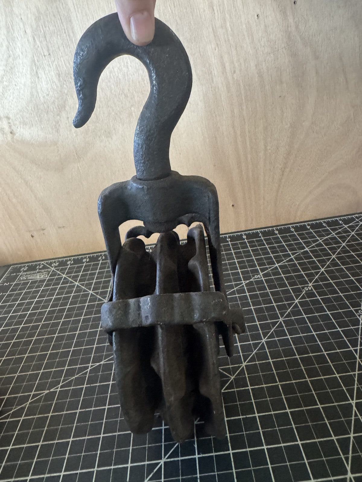 Vintage Cast Iron Double Pulley with Hook – Heavy Industrial Block, 14” x 8”