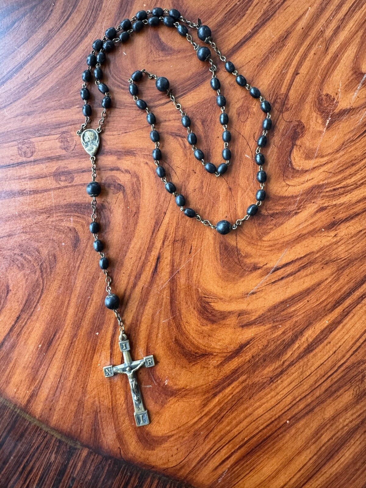 Vintage Black Wood Beads & Metal Cross Rosary