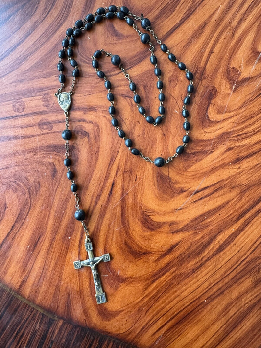 Vintage Black Wood Beads & Metal Cross Rosary