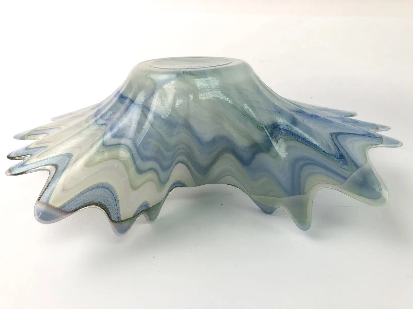 Murano Art Glass Bowl – Wavy Starburst Rim – Blue & Gray Swirl – 8” – Italy