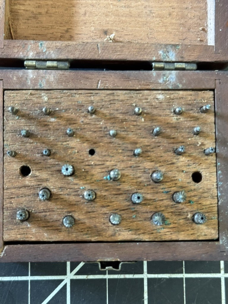 Antique Wooden Storage Box w/ Metal Stamps – 28 Pc Set – “A. Park” Inscribed Lid