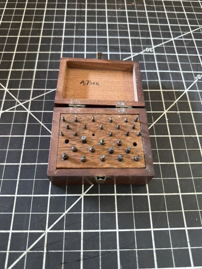 Antique Wooden Storage Box w/ Metal Stamps – 28 Pc Set – “A. Park” Inscribed Lid