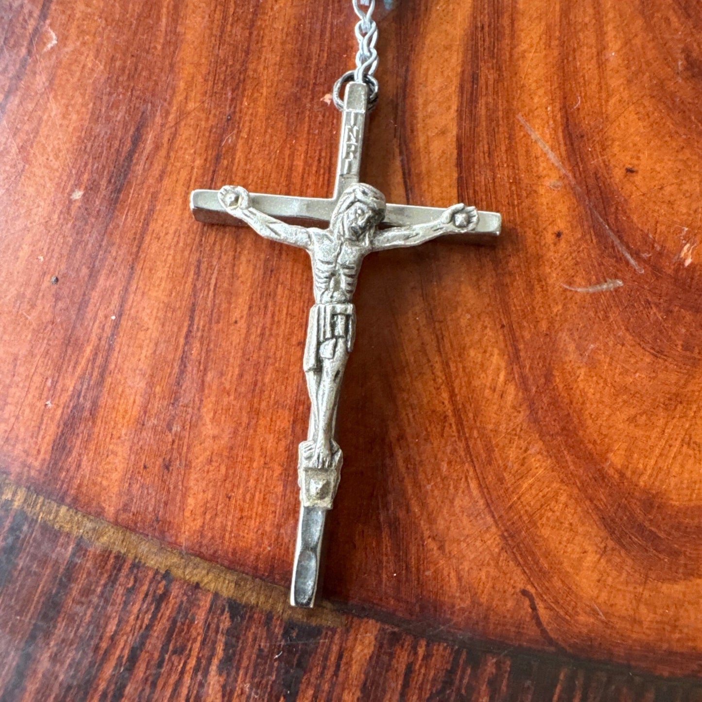 Vintage Blue Bead Made In Italy Rosary Silver Crucifix Pendant