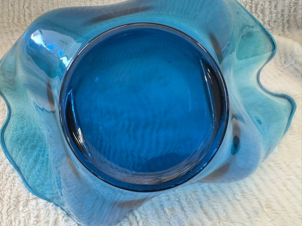 Vintage Hand Blown Blue Ruffle Art Glass Bowl – 17” Wide x 9”