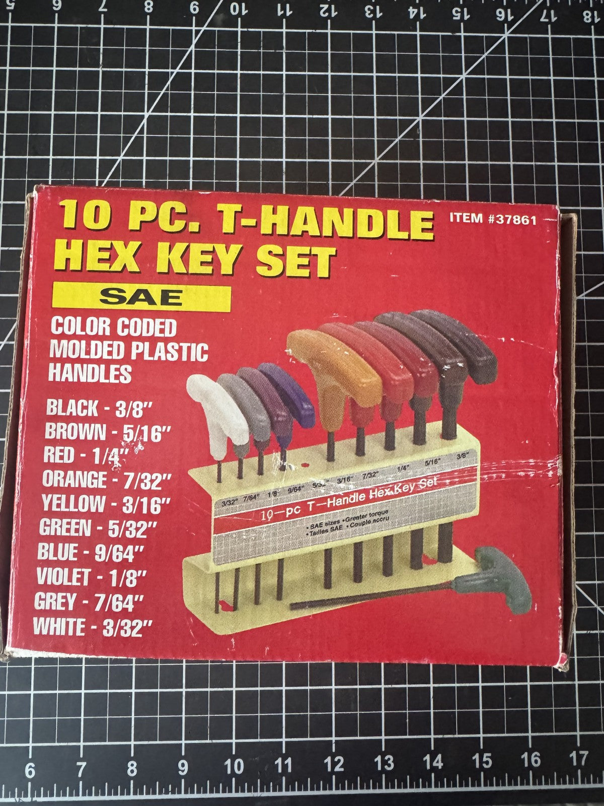 New 10-Piece SAE T-Handle Hex Key Wrench Rainbow Set w/ Stand – No 37861