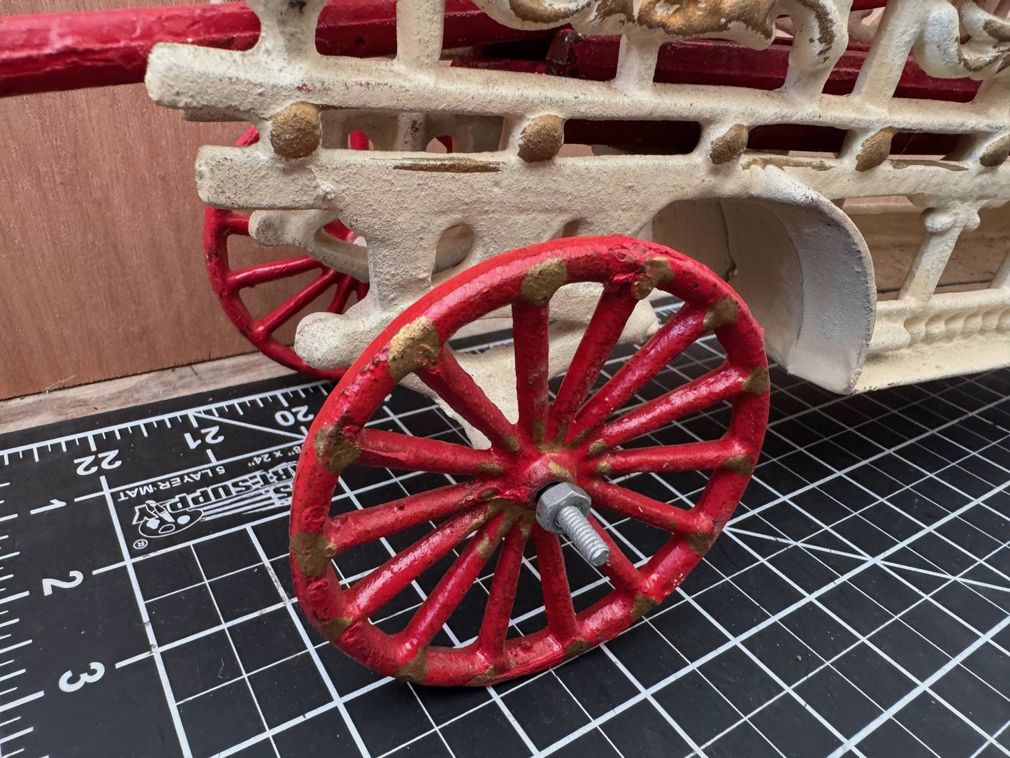 Vintage Cast Iron Hook & Ladder Fire Truck – 31” Long, 3 Horses, 3 Ladders