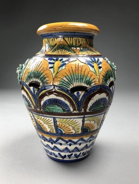 Mid-20th C. Italian Hand-Painted Vase – Incised Pottery with Lion Handles