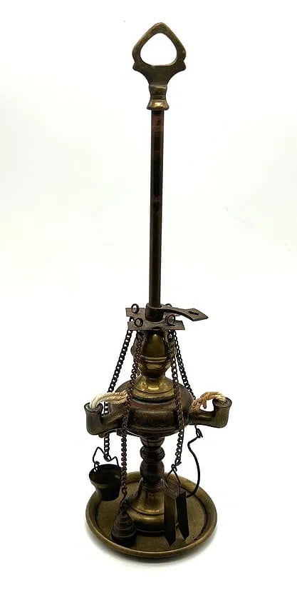 Antique Brass 3 Arm Lucerne Whale Oil Lamp w/ Dangling Tools – Rare Nautical