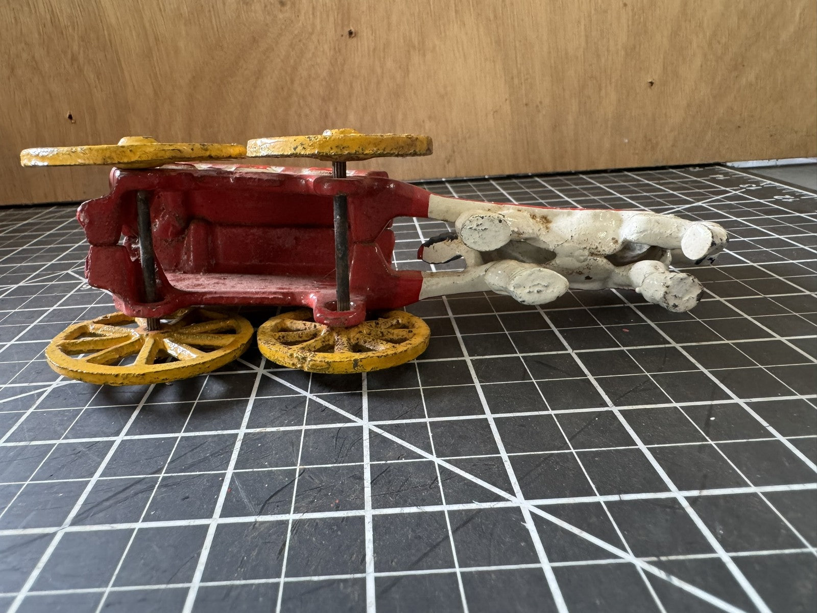 Vintage Cast Iron Ice Horse & Cart Figure – 8” Buggy Pulling Wagon, Red & White