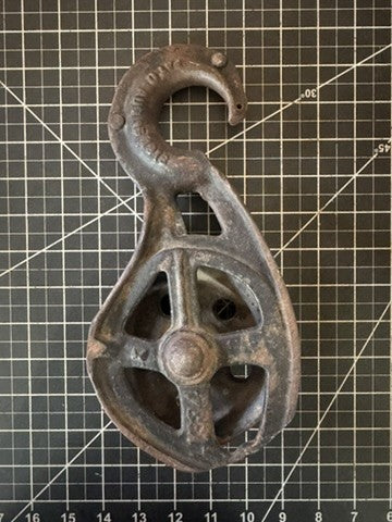 Antique Iron Pulley with Hook – Marked P1334, Pat. Aug 15 1916 – approx 12” x 6”