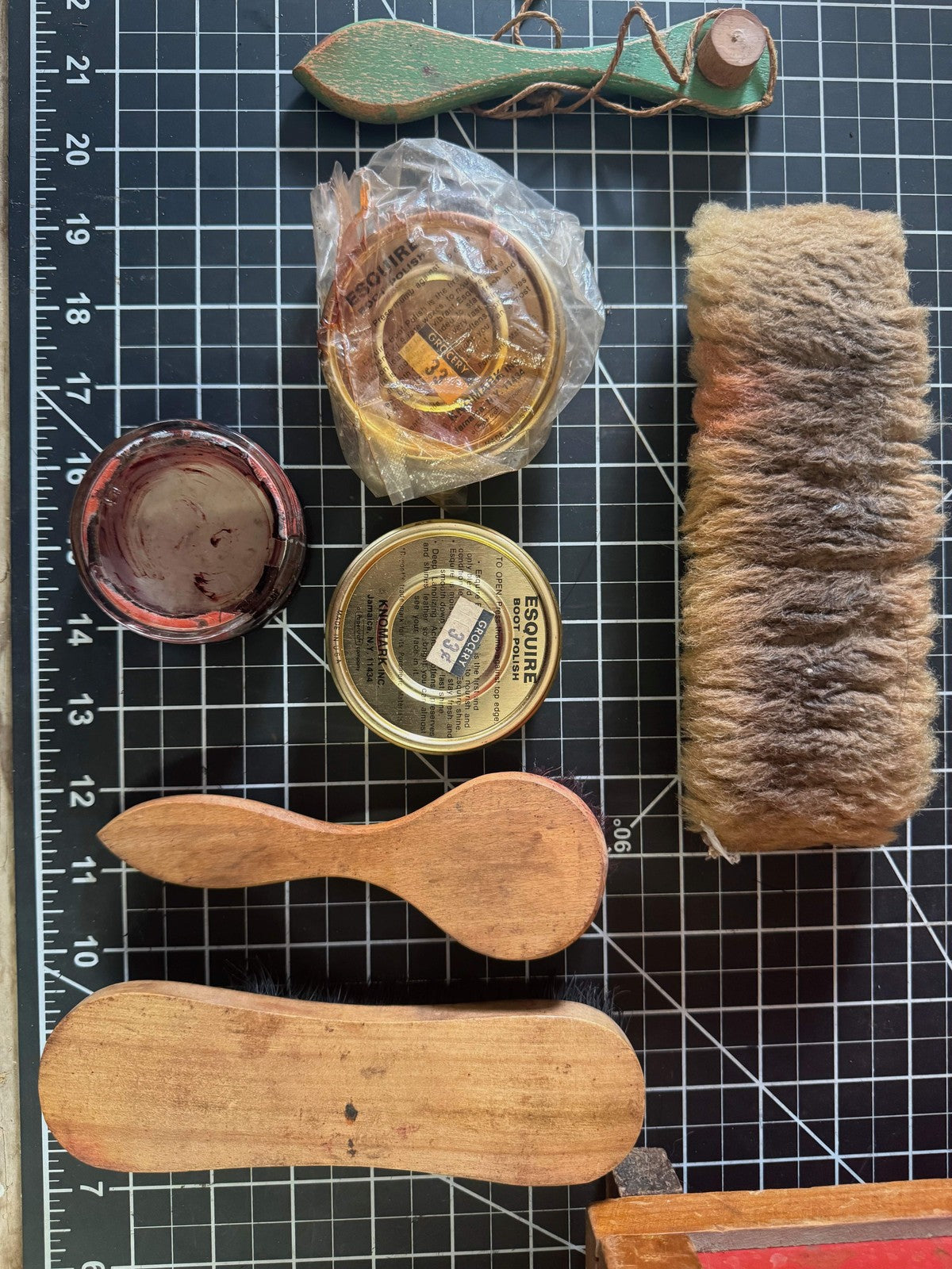 Vintage Boot Polish Lot w/ Shoe Shine Box, Esquire & Cavalier Tins, 3 Brushes
