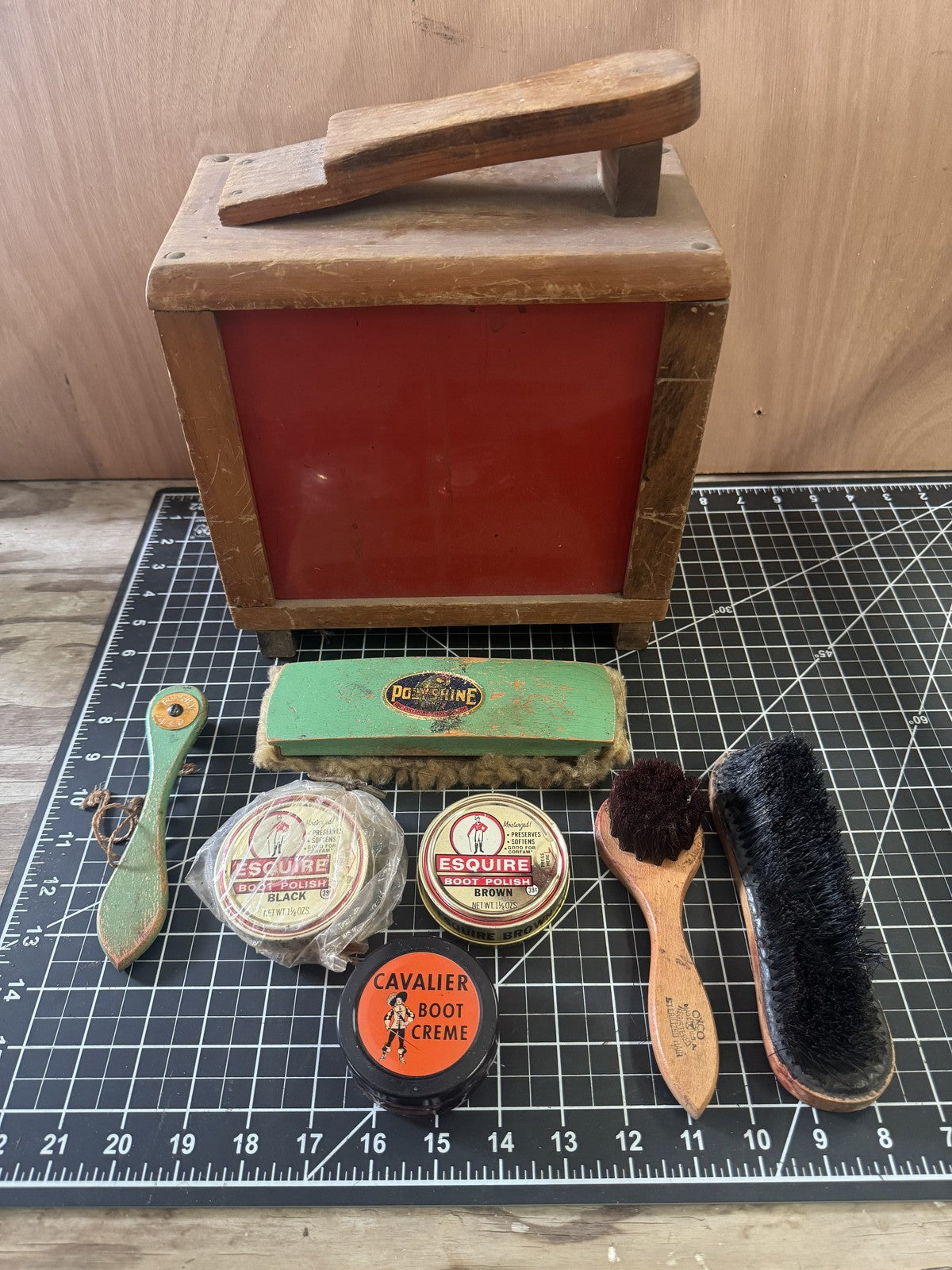 Vintage Boot Polish Lot w/ Shoe Shine Box, Esquire & Cavalier Tins, 3 Brushes