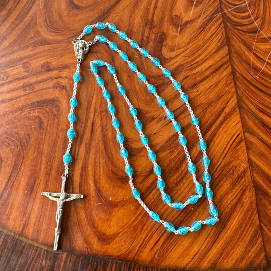 Vintage Blue Bead Made In Italy Rosary Silver Crucifix Pendant