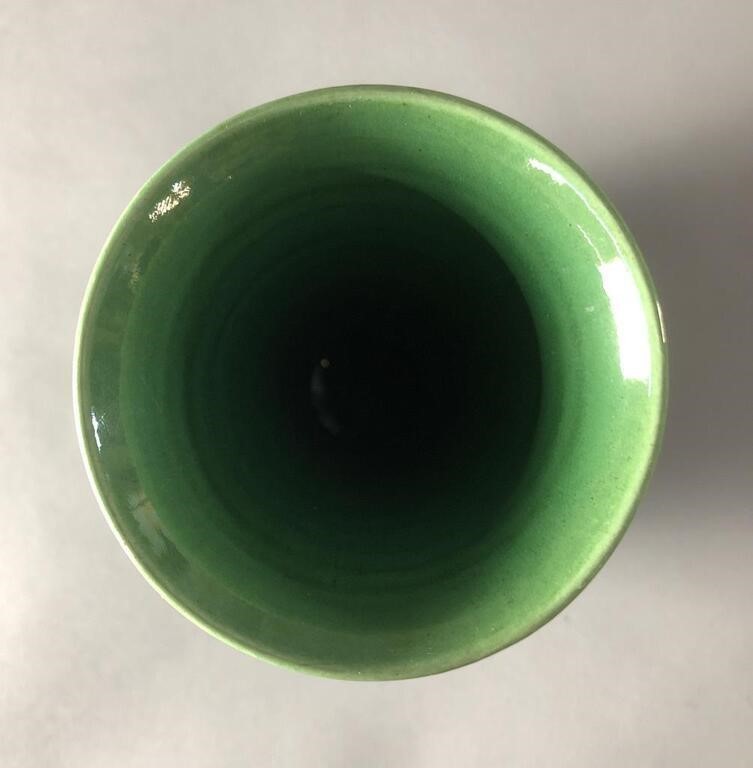 Japanese Awaji Pottery Vase – Bulbous Form, Green Monochrome Glaze, 10" Tall