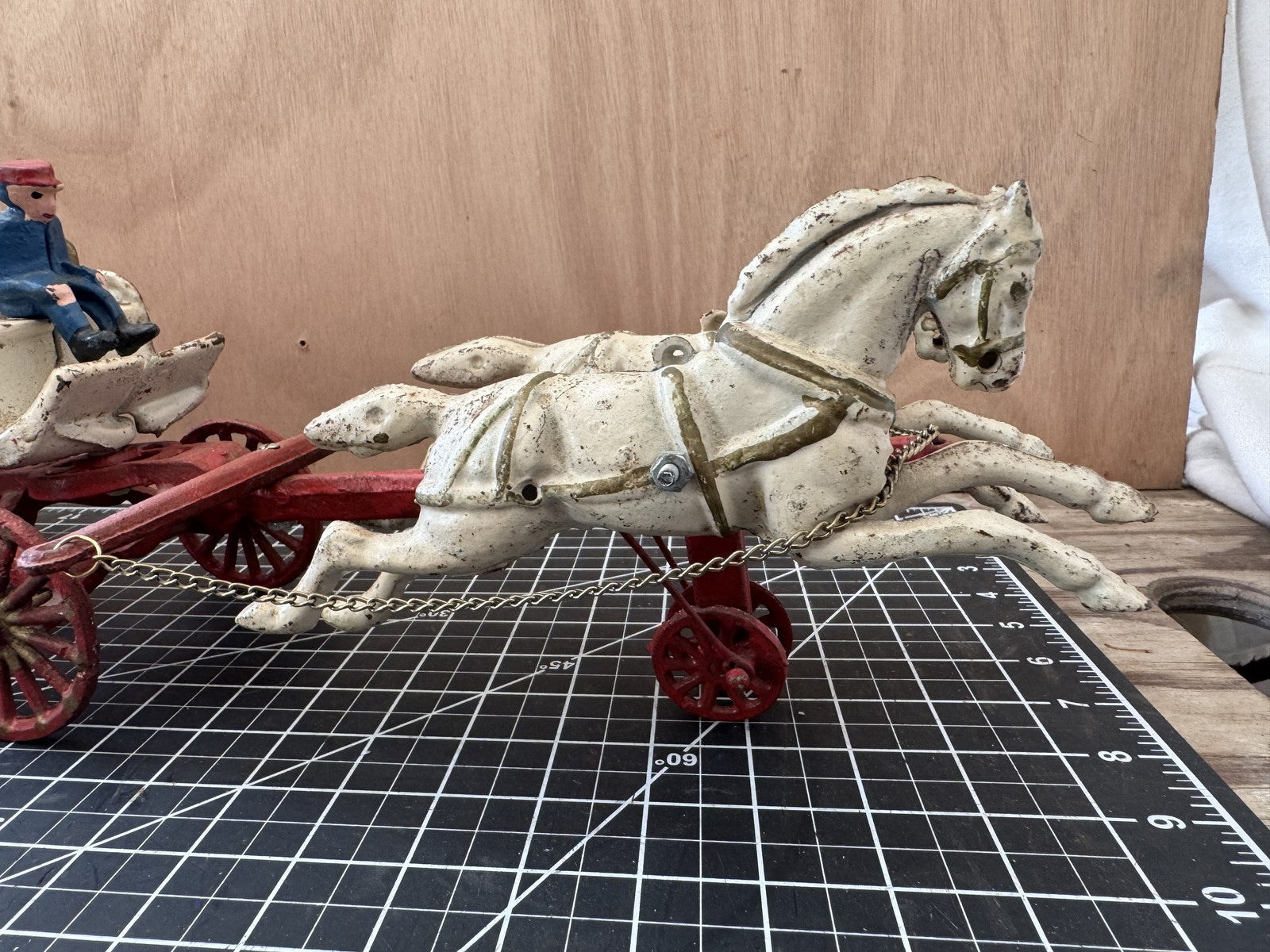 Vintage Cast Iron Hose Wagon – Horse-Drawn Fire Engine with 3 Firemen, 2 Horses