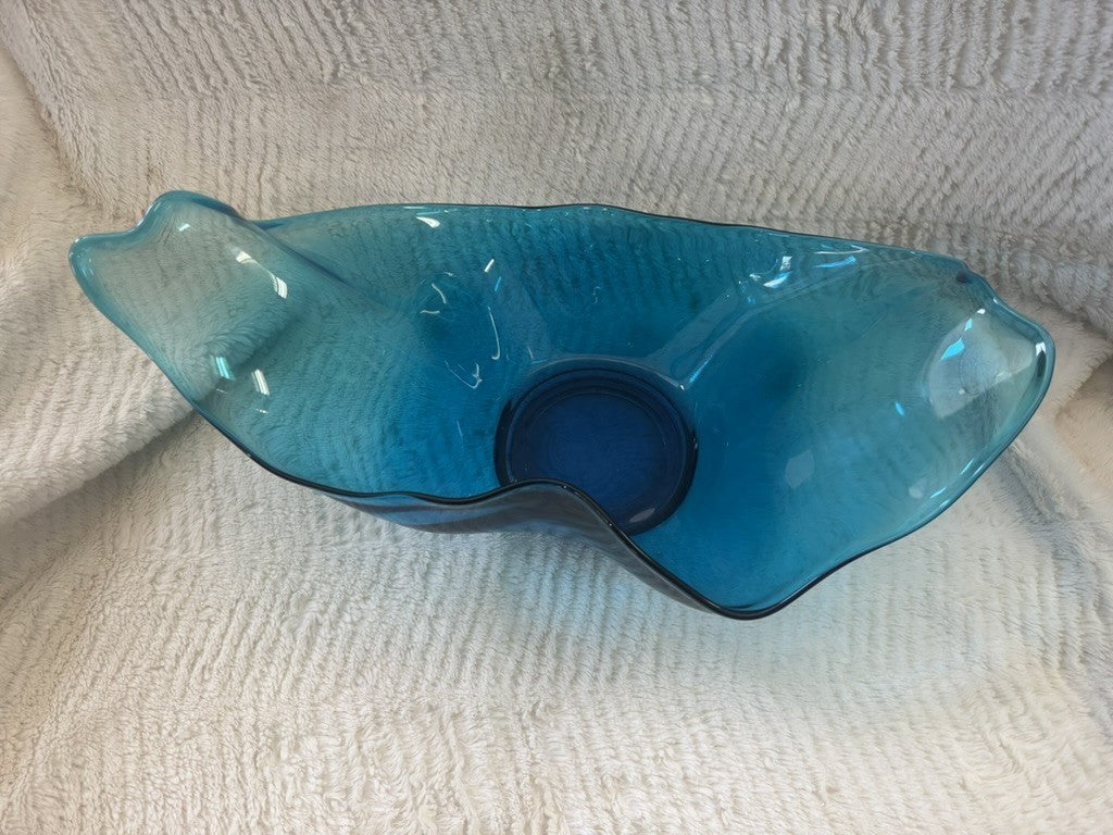 Vintage Hand Blown Blue Ruffle Art Glass Bowl – 17” Wide x 9”