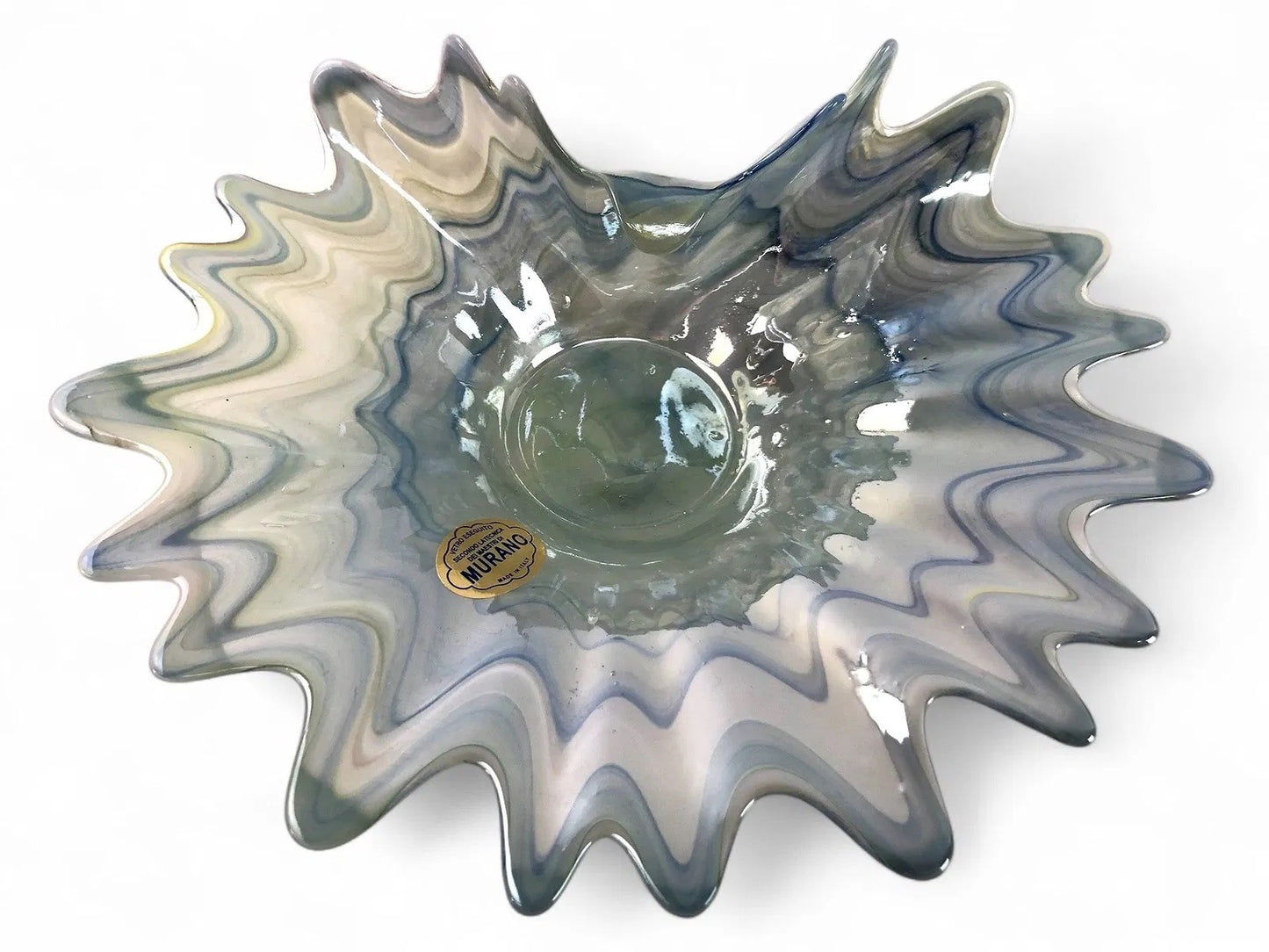 Murano Art Glass Bowl – Wavy Starburst Rim – Blue & Gray Swirl – 8” – Italy