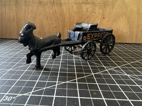 Vintage Cast Iron Goat Pulling Espresso Wagon Toy – 8” Long