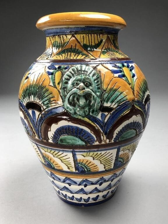 Mid-20th C. Italian Hand-Painted Vase – Incised Pottery with Lion Handles