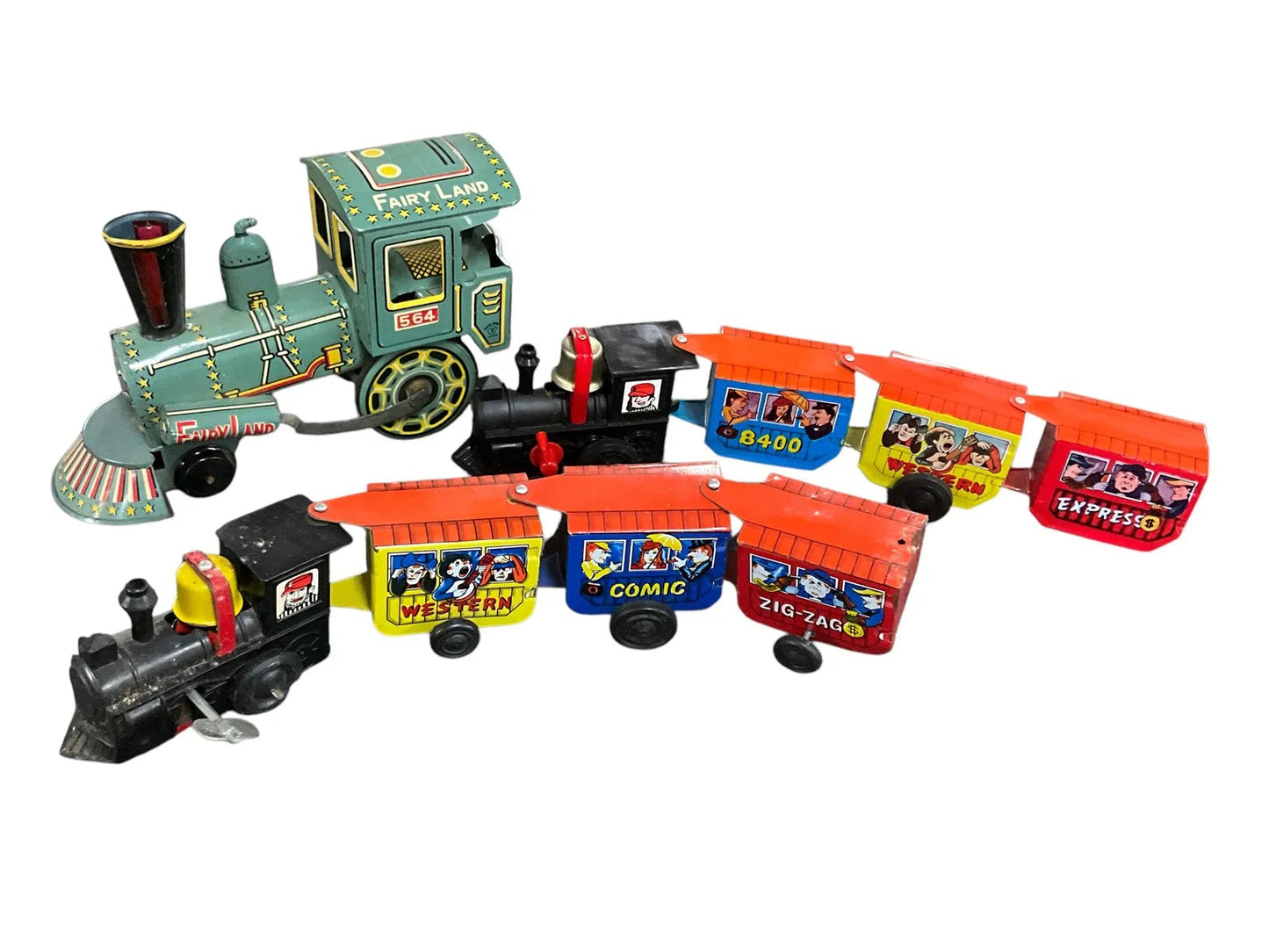 Two Wind-Up Trains and a Lithographed Tin Locomotive Vintage 1950's(?)