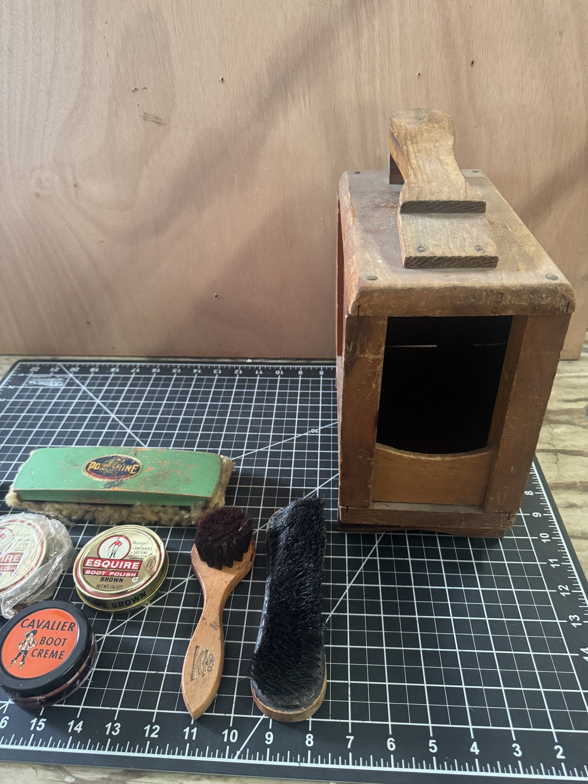 Vintage Boot Polish Lot w/ Shoe Shine Box, Esquire & Cavalier Tins, 3 Brushes