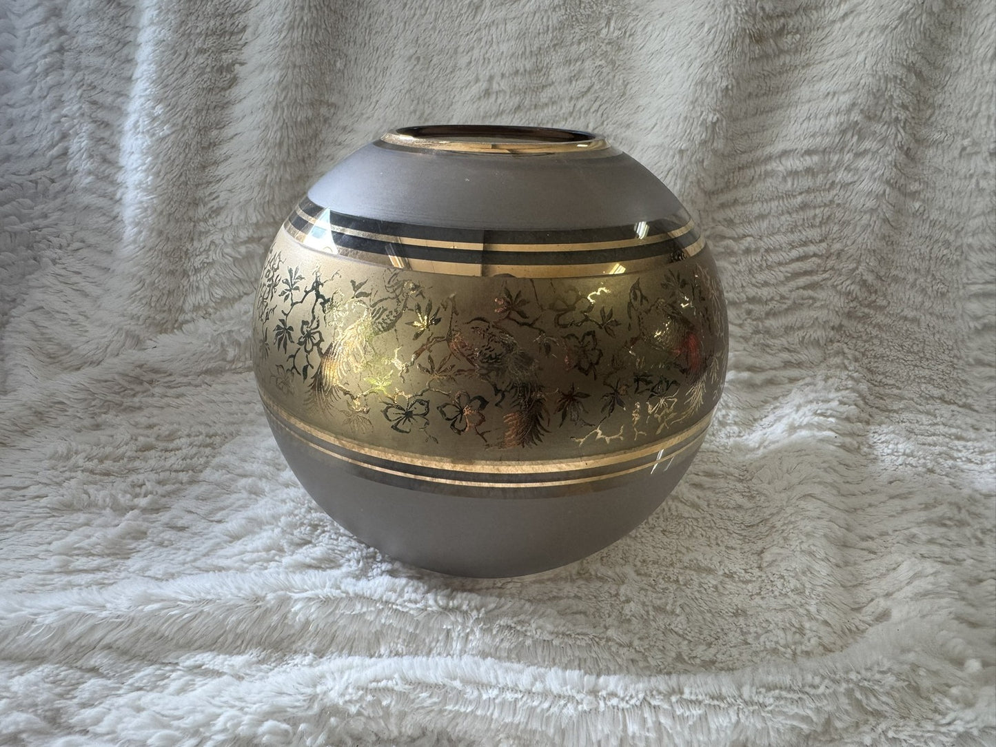 Vintage Bohemia Crystal Round Gold Vase – Etched Pheasants – Czechoslovakia