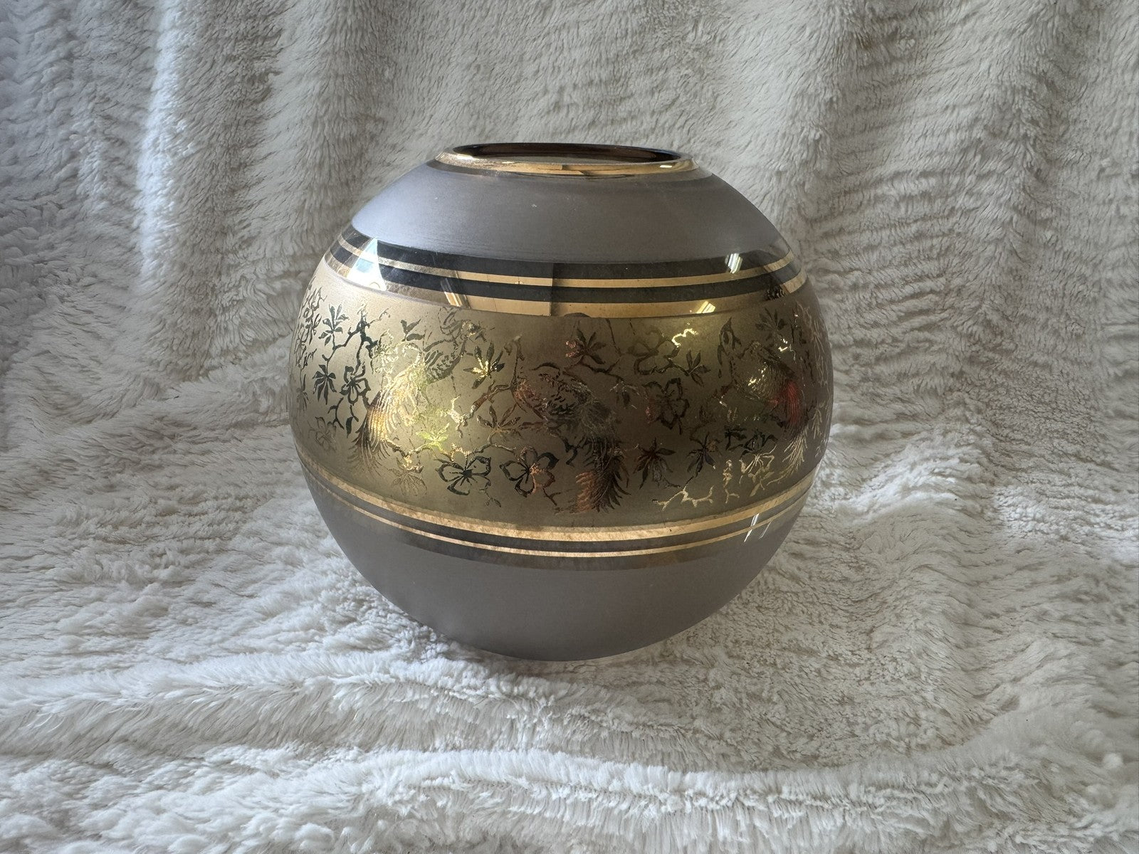 Vintage Bohemia Crystal Round Gold Vase – Etched Pheasants – Czechoslovakia