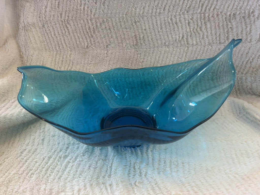 Vintage Hand Blown Blue Ruffle Art Glass Bowl – 17” Wide x 9”