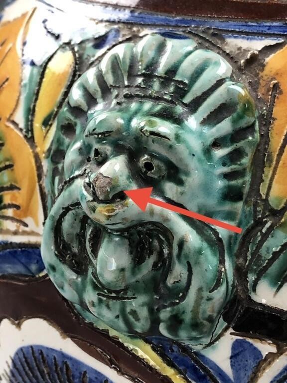 Mid-20th C. Italian Hand-Painted Vase – Incised Pottery with Lion Handles