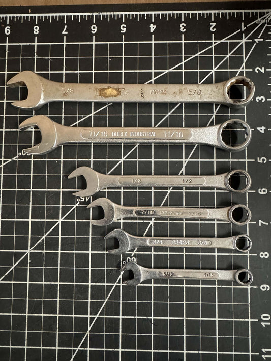 6pc Lot of Combination Wrenches – Mixed Brands – India – SAE 5/16” to 11/16”