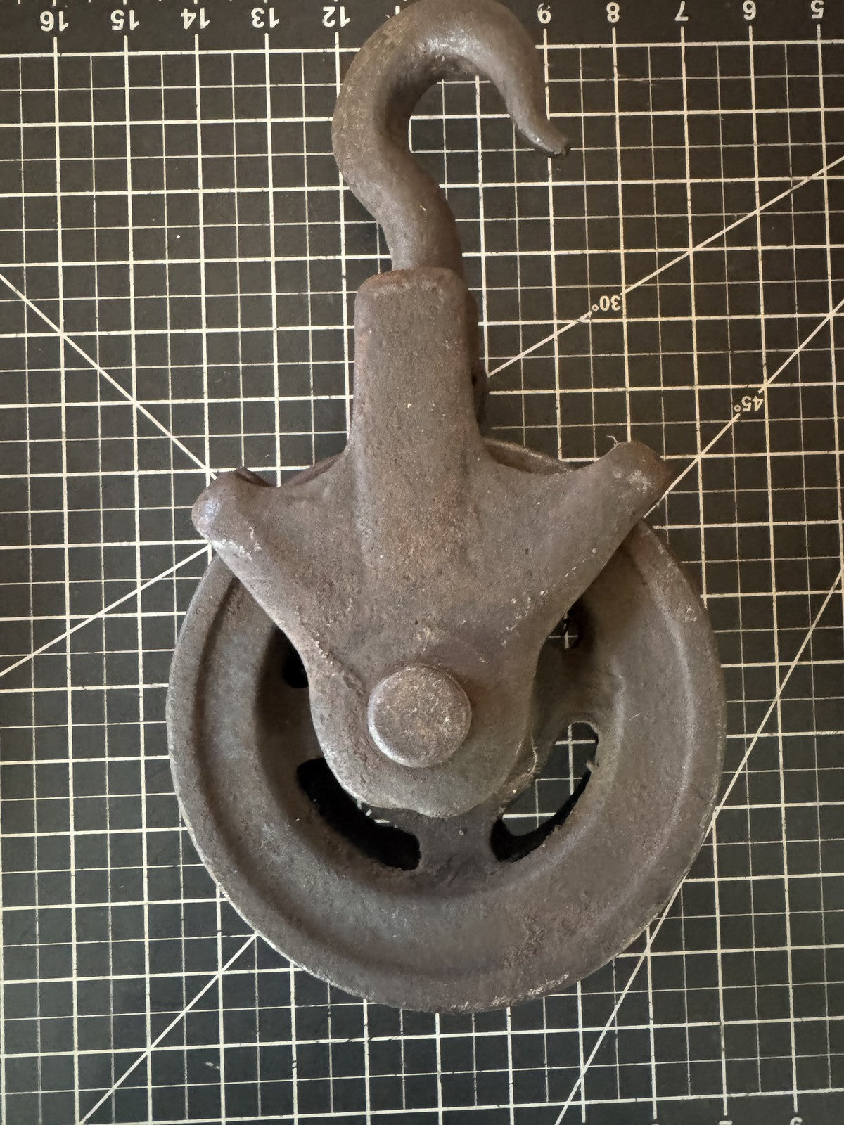 Vintage Cast Iron Double Pulley with Hook – Heavy Industrial Block, 14” x 8”